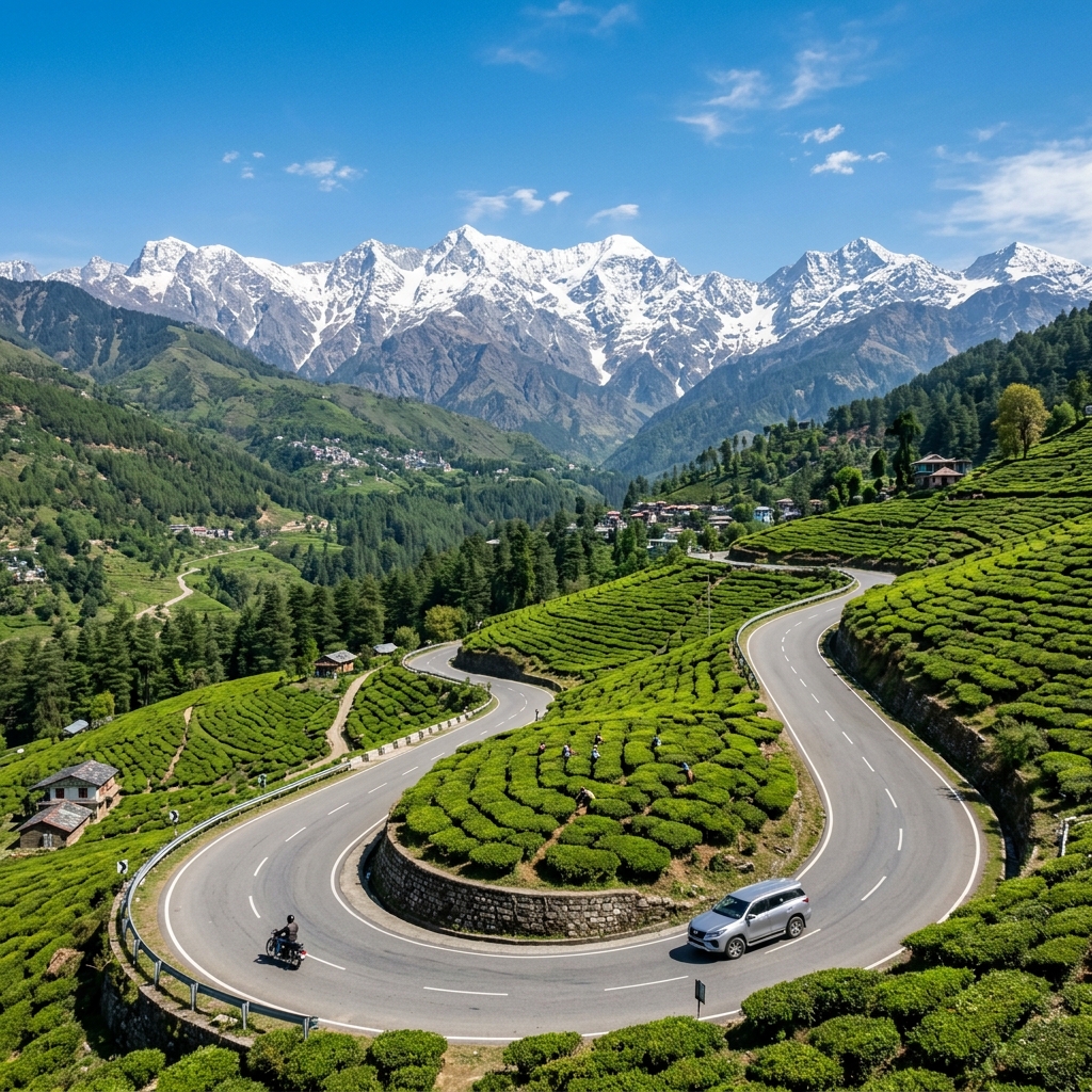Tourist taxi navigating a scenic winding mountain road in Kangra Valley
